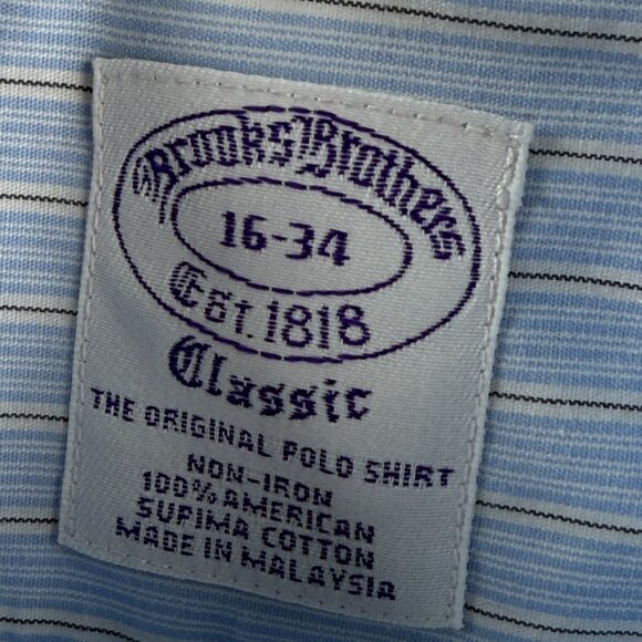 Brooks Brothers 16 34 Non-Iron Cotton Blue Classic Button-Down Striped Men Shirt - Picture 10 of 16